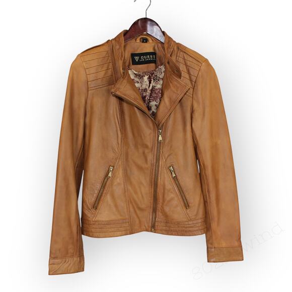 Medium Guess Los Angeles Leather Jacket Caramel Moto Biker Retro Vintage - Picture 1 of 11